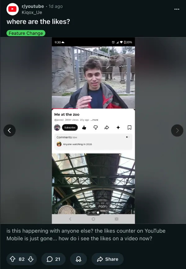 captura de pantalla de conteo de 'me gusta' oculto en YouTube