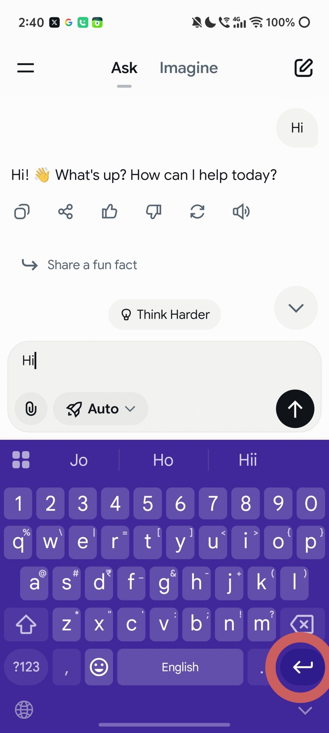 Comportamiento de la tecla Enter en la aplicación Grok para Android.
