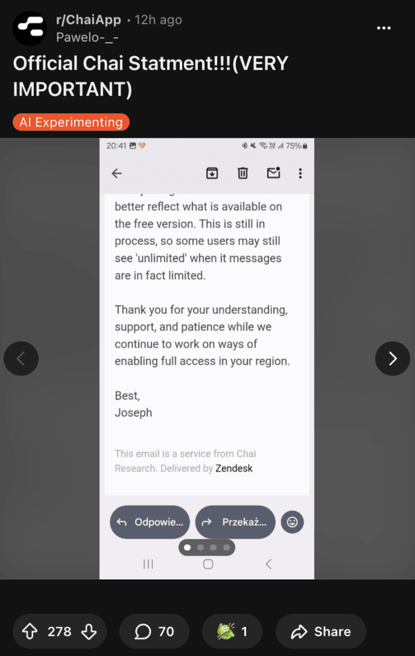 CHAI statement from an email.