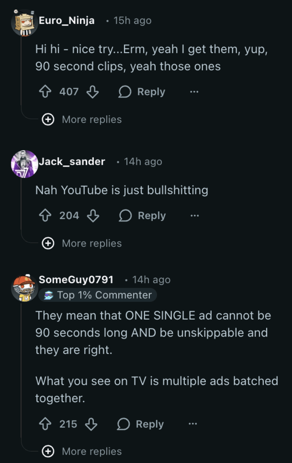 Comentarios de Reddit sobre la respuesta de YouTube.
