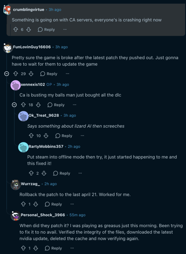 Reddit comments about the game bug.