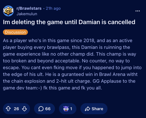 Reddit complaints about Damian.