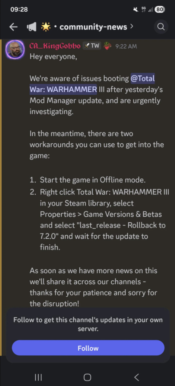 Discord acknowledgement of the issue.