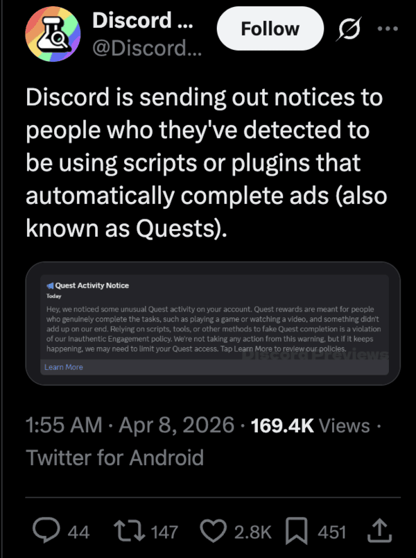 Discord sending notices to quest cheaters
