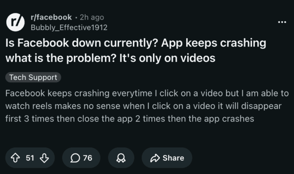 Reportes de que Facebook está caído en Reddit.