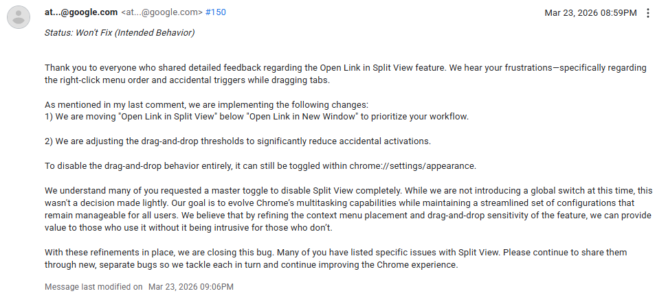Fix del menú de clic derecho de vista dividida de Google Chrome