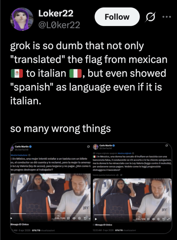 Problema de traducción de banderas de Grok en X.