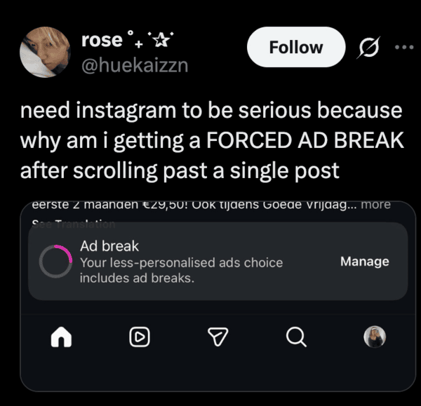 Publicación sobre problemas de cortes de anuncios en Instagram en X.