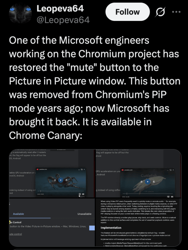 Chromium agrega botón de silencio en PiP.
