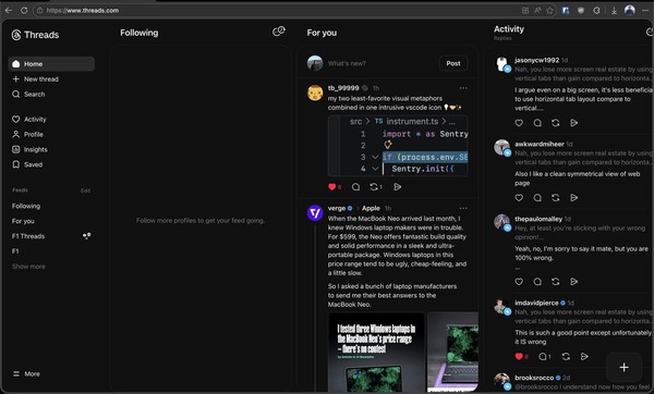 Nueva interfaz de la aplicación web de Threads.