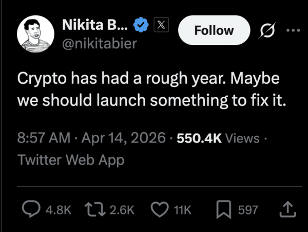 Publicación sobre criptomonedas de Nikita Bier en X.