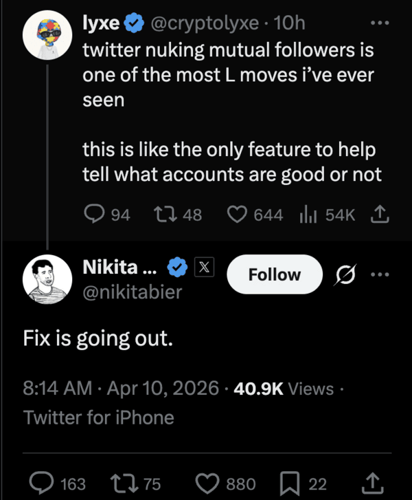 Nikita Bier responde que se está enviando una solución para el problema de los mutuos.