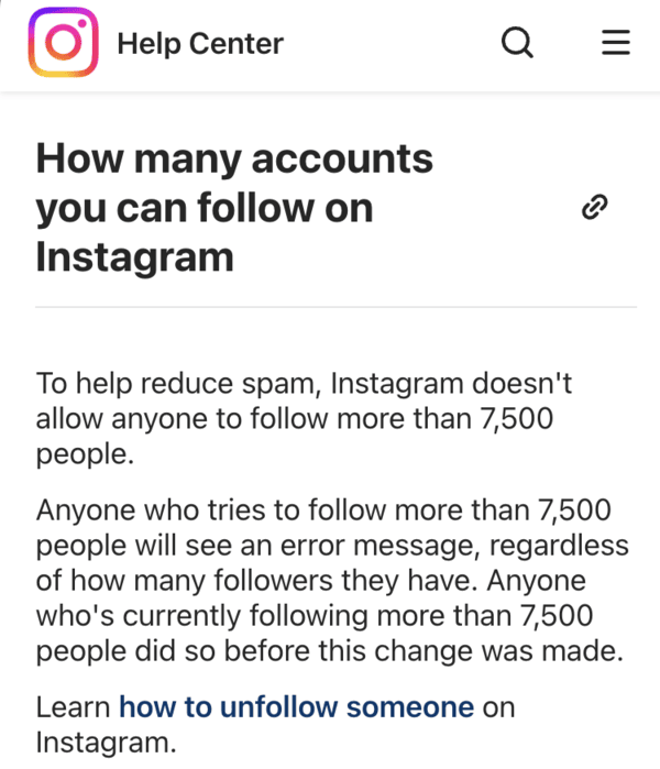 Página de soporte de Instagram.