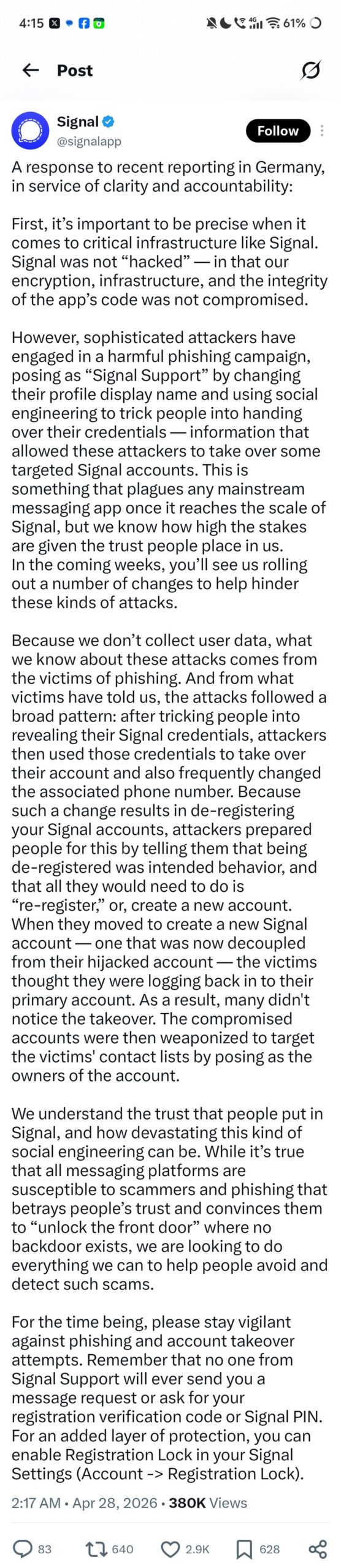 Respuesta oficial de Signal.