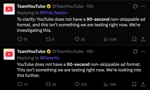Respuesta oficial de YouTube sobre los anuncios de 90 segundos.