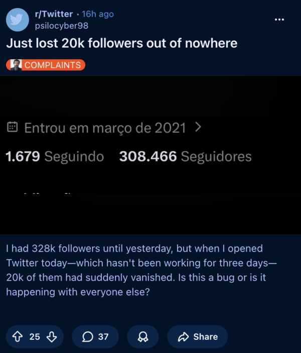 Reddit post about "Lost 20K followers out of nowhere."