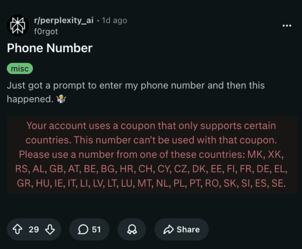 Perplexity mandating phone number verification.