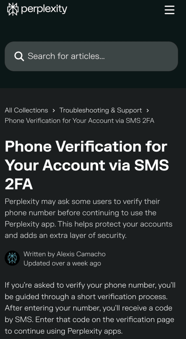 Official Perplexity communication about 2FA.