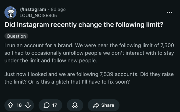 Discusión en Reddit sobre el límite de seguimiento de Instagram.