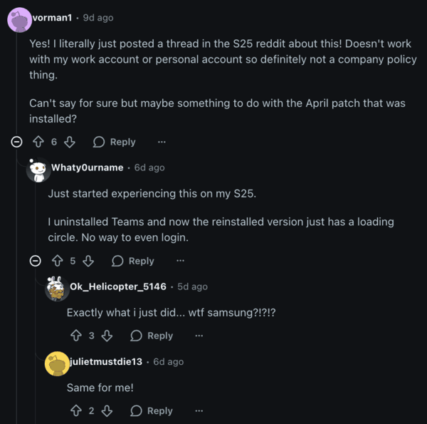Comentarios de Reddit sobre el problema de las aplicaciones de Microsoft.