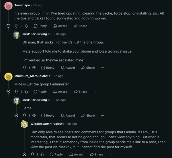 Comentarios de Reddit sobre el problema del grupo de Facebook