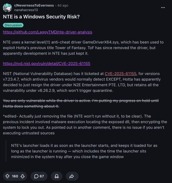 Reddit post about the NTE issue.
