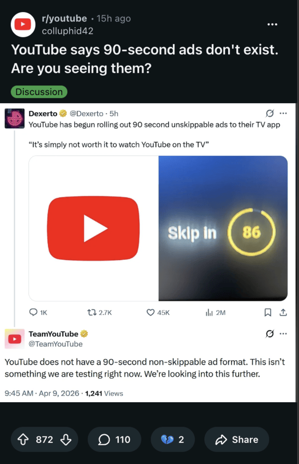 Publicación de Reddit sobre la respuesta de YouTube a los anuncios.