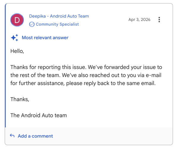 Respuesta del equipo de Android Auto.