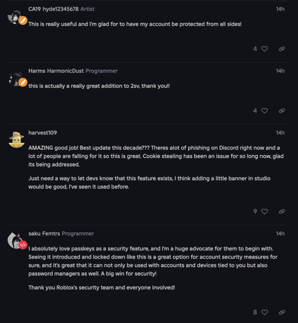 Roblox comments/reactions to the update.