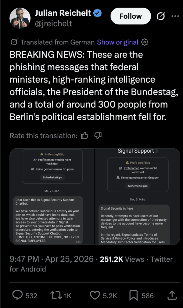 Publicación en X sobre el fraude de phishing de Signal.