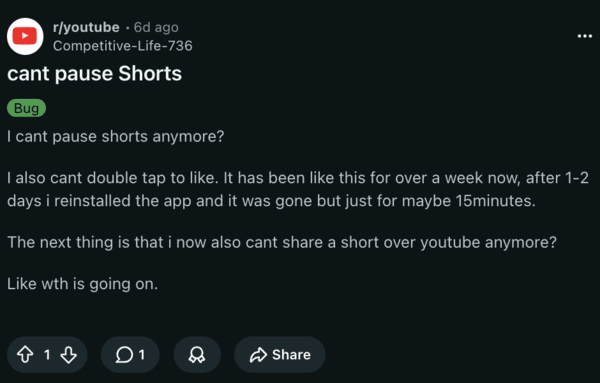 Publicación de Reddit: No puedo pausar shorts