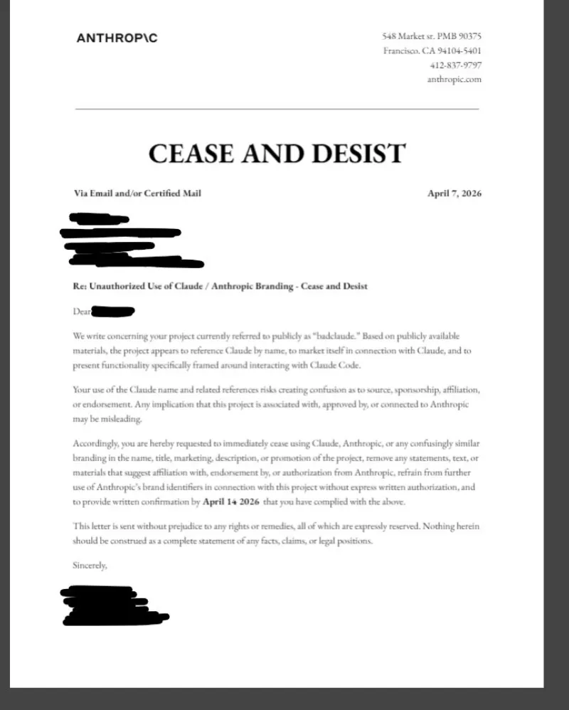 aviso de cese y desista del creador de BadClaude