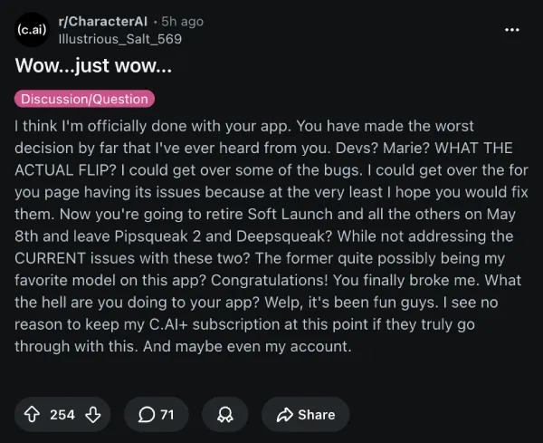Angry Character AI users demand platform keep Soft Launch alive ...