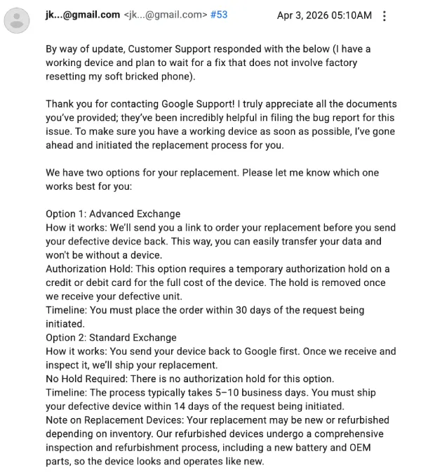 correo de soporte de Google Pixel de marzo de 2026
