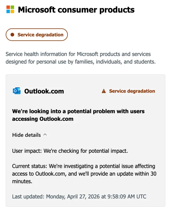 microsoft-outlook-service-degradation-acknowledgment