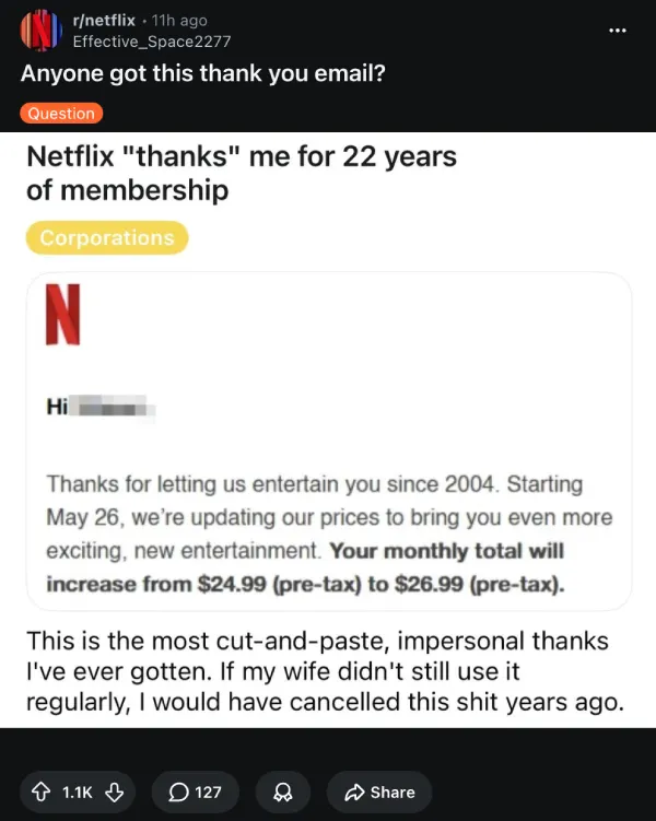 correo electrónico de aumento de tarifa de suscripción de Netflix