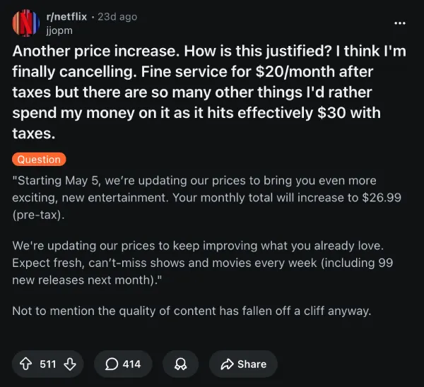reacción al aumento de precios de suscripción de Netflix en Reddit