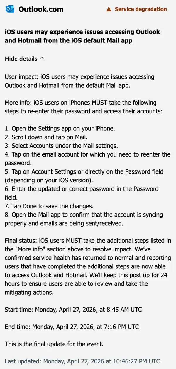 Actualización de estado de la interrupción de Outlook en Apple Mail