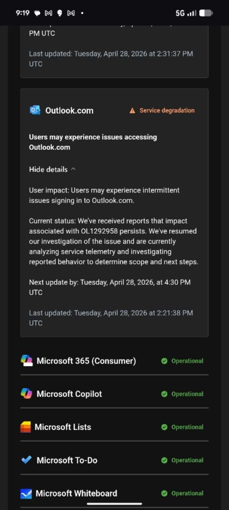 Estado del problema de inicio de sesión de Outlook