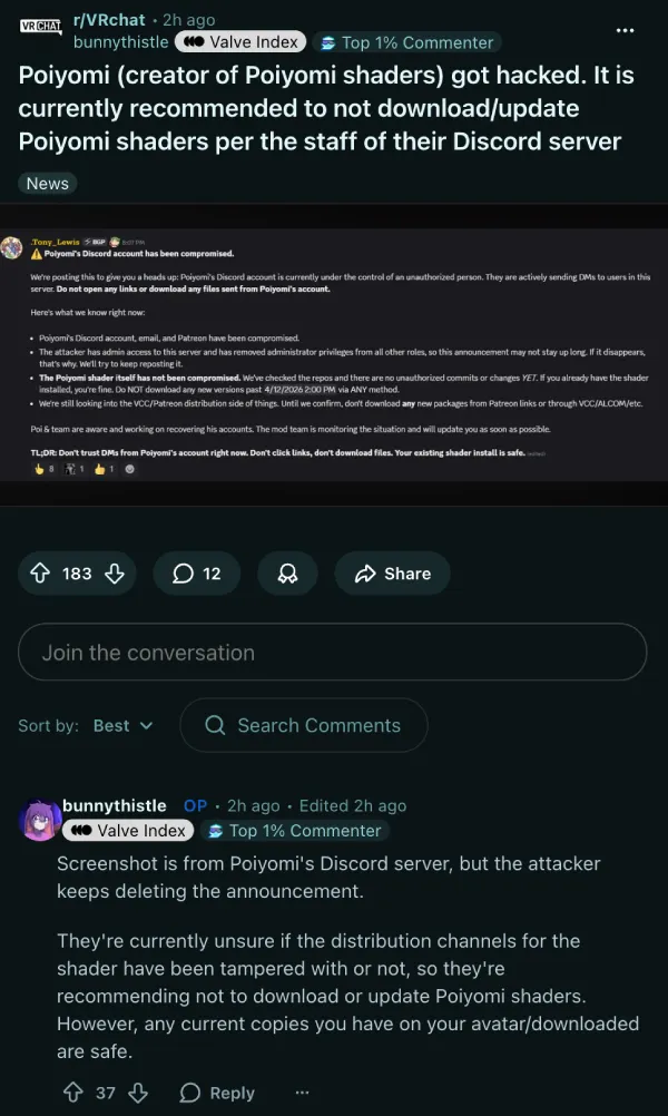 poiyomi-shaders-discord-hack-announcement-reddit