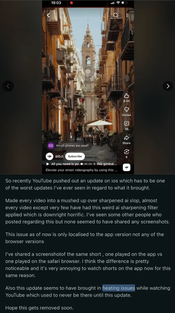queja sobre el error de nitidez de youtube y sobrecalentamiento