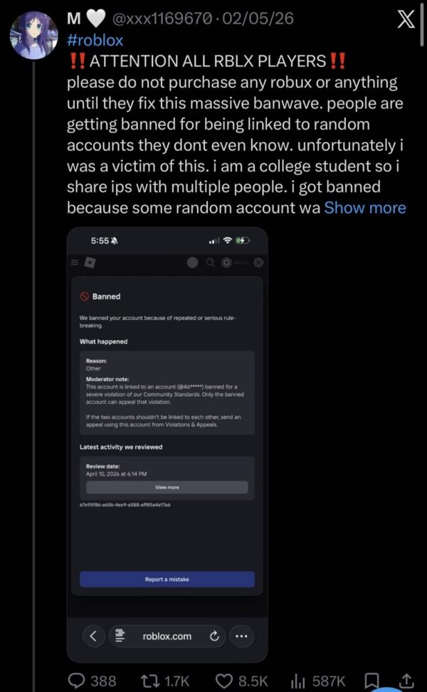 Roblox ban for shared WiFi