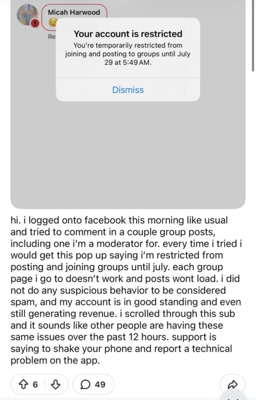 Facebook support's response