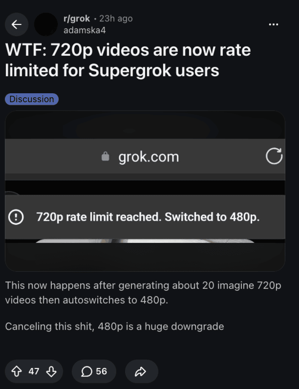 Límites de tasa de video 720p de Grok.
