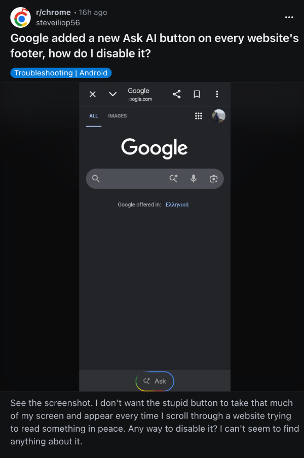 Google Ask button prompt.