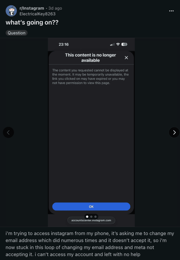 Error de contenido no disponible en Instagram.
