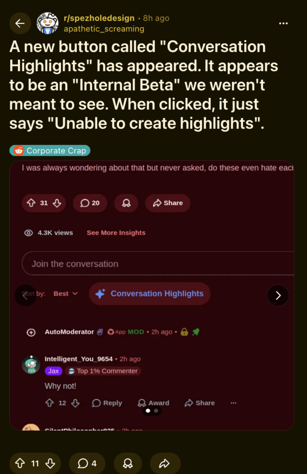 Conversation Highlights post on Reddit.