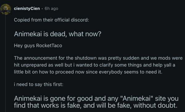 Mensaje del servidor de Discord de AnimeKai.