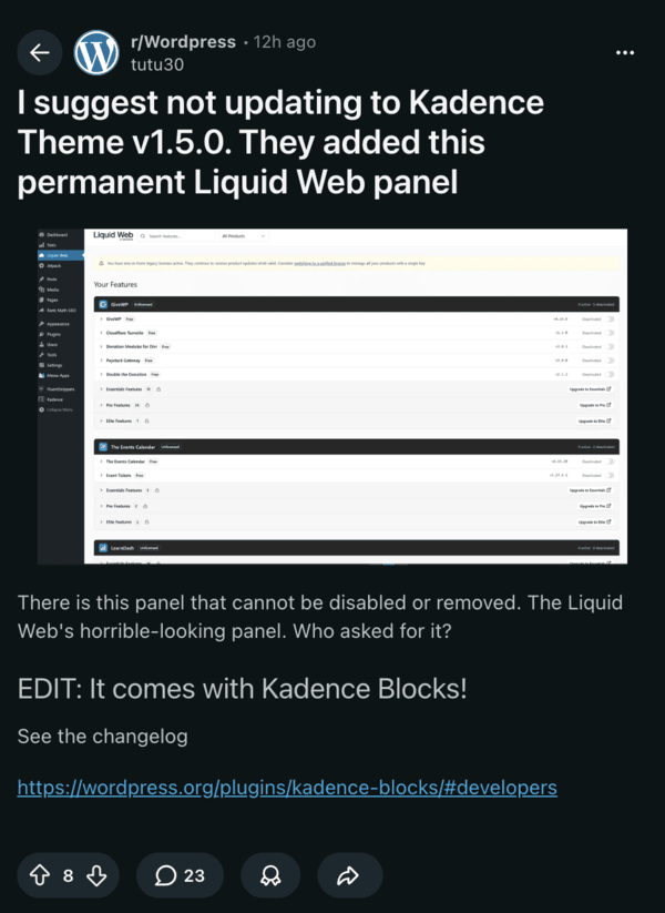 Reddit post about Kadence update.
