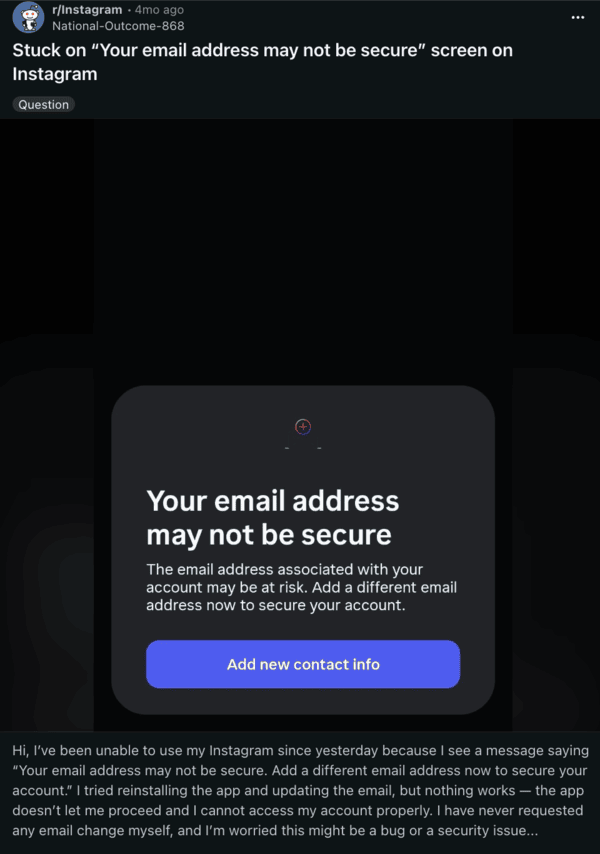 Ventana emergente: tu dirección de correo electrónico puede no ser segura en Instagram.